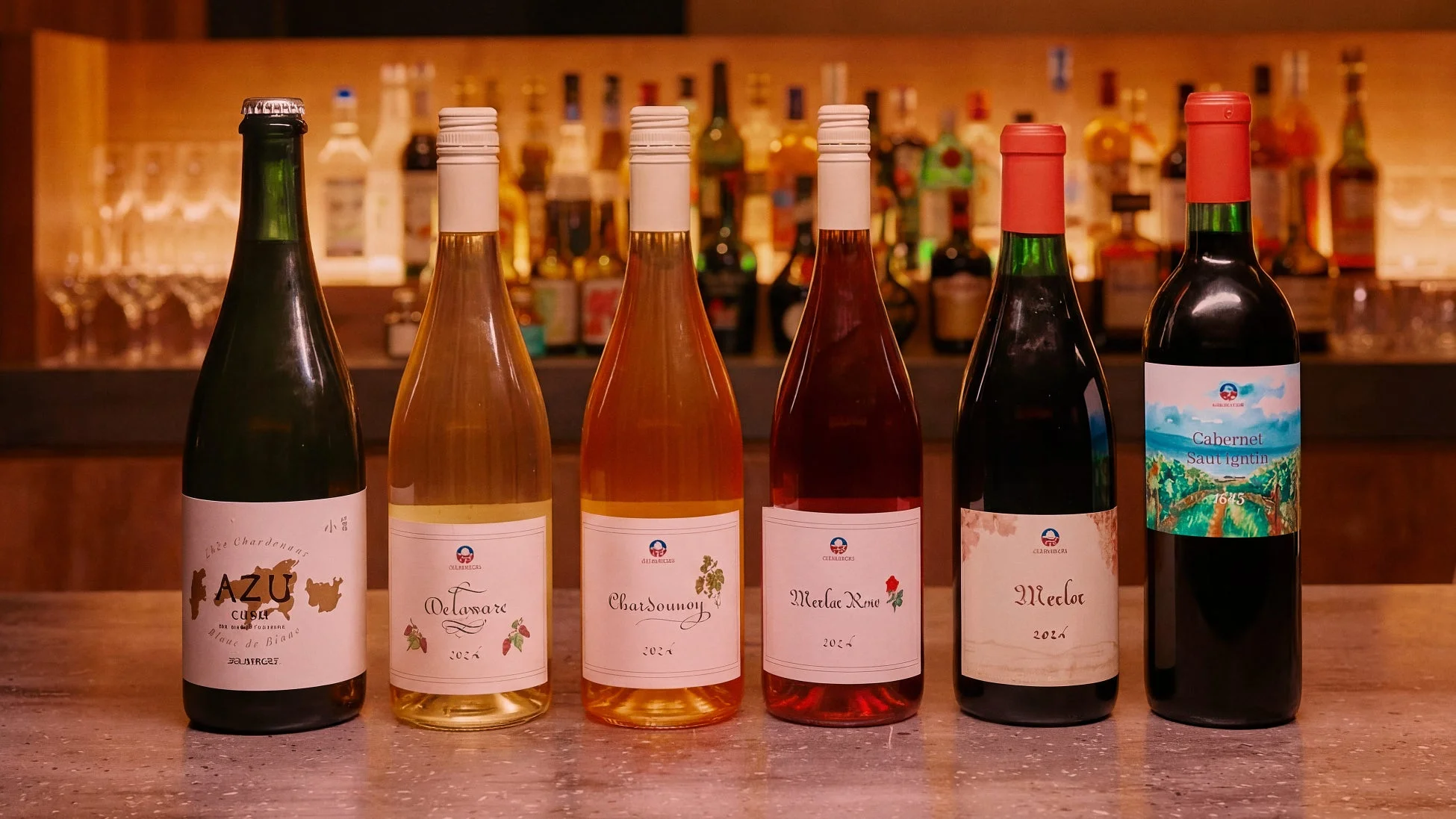 バーカウンターに6本の様々な種類のワインボトル