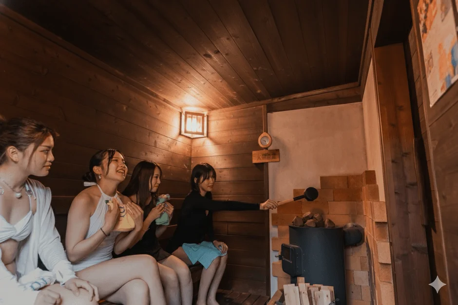 サウナ, 女性, 友人, リラックス, 温浴施設, ロウリュ, 木造, 室内