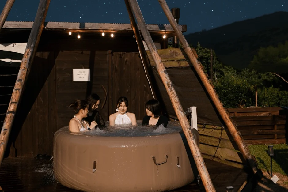 女性, 友人, ジャグジー, ホットタブ, 夜景, 星空, アウトドア, リラックス