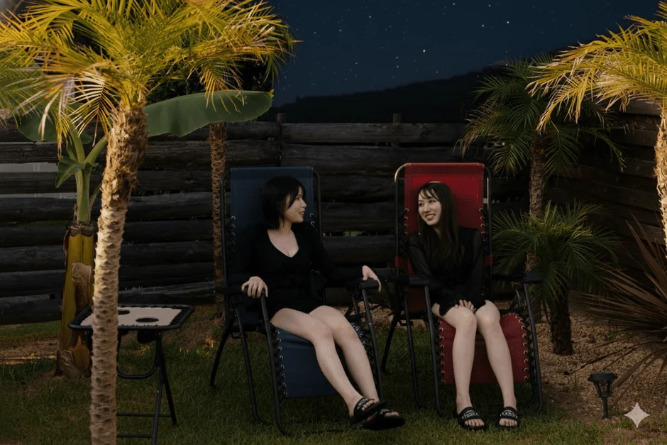 夜, 屋外, 女性二人, リクライニングチェア, 笑顔, 会話, ヤシの木, 庭, 星空, リラックス