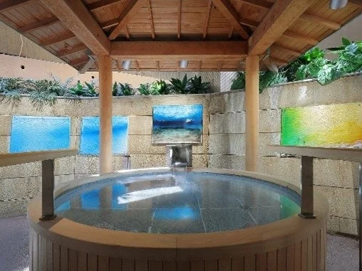 木造の屋根と石壁に囲まれた円形の温浴施設