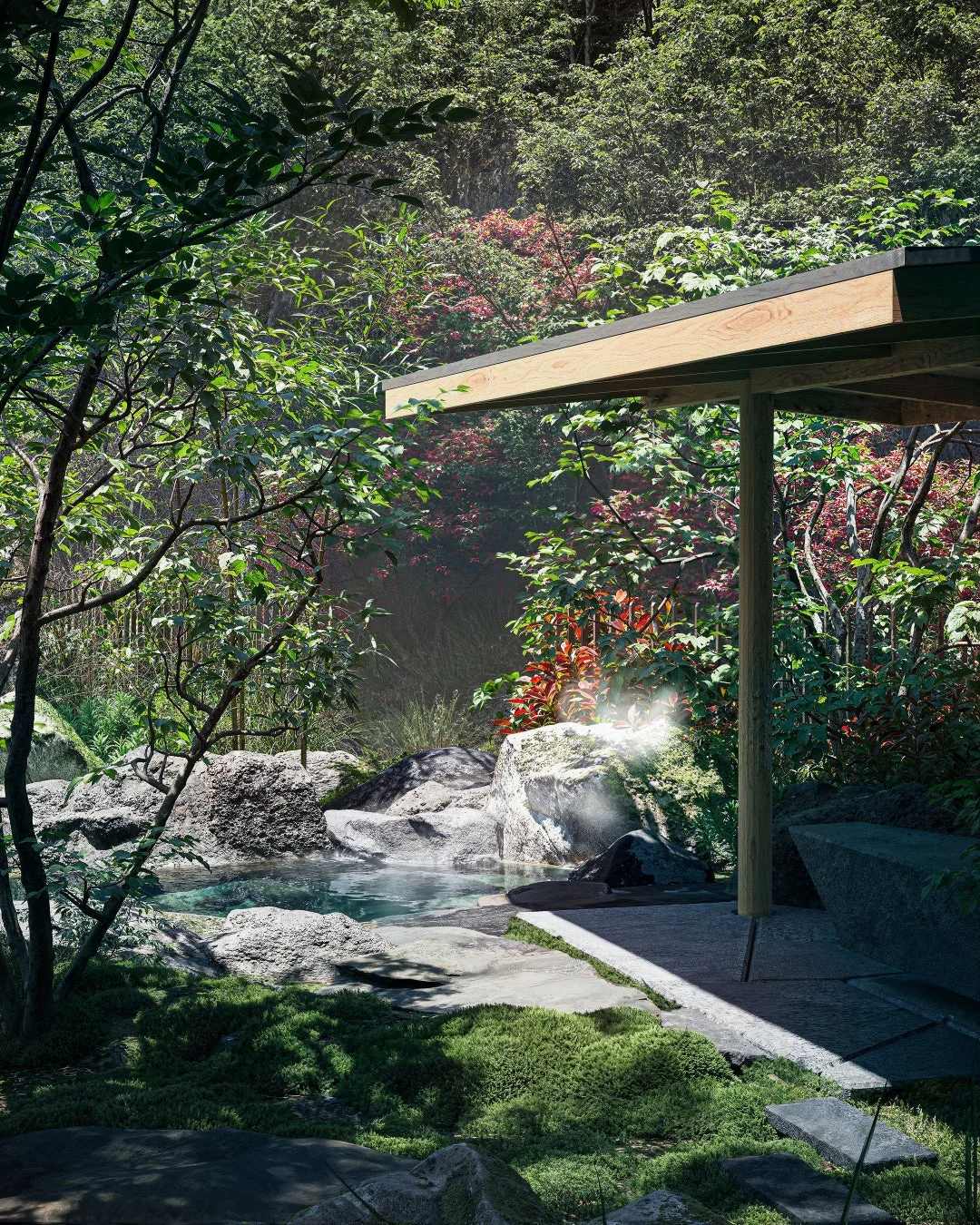 緑豊かな森の中に、岩や苔に囲まれた静かな池が広がる美しい風景。