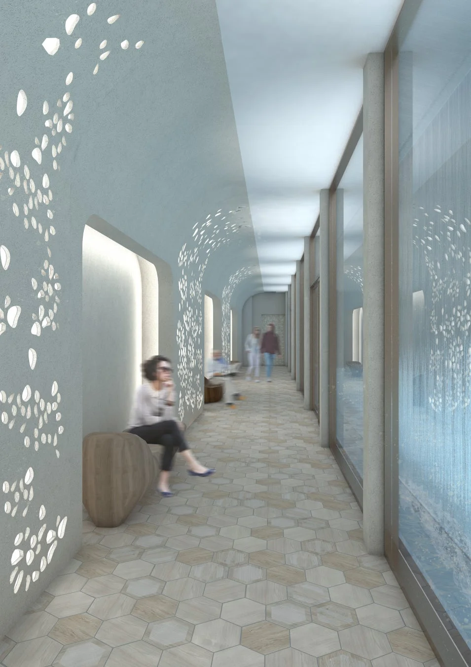 葉のような抽象的な模様が施された壁と六角形のタイルが特徴的なモダンな廊下です。窓からは光が差し込み、人々が歩いたり座ってくつろいだりしています。