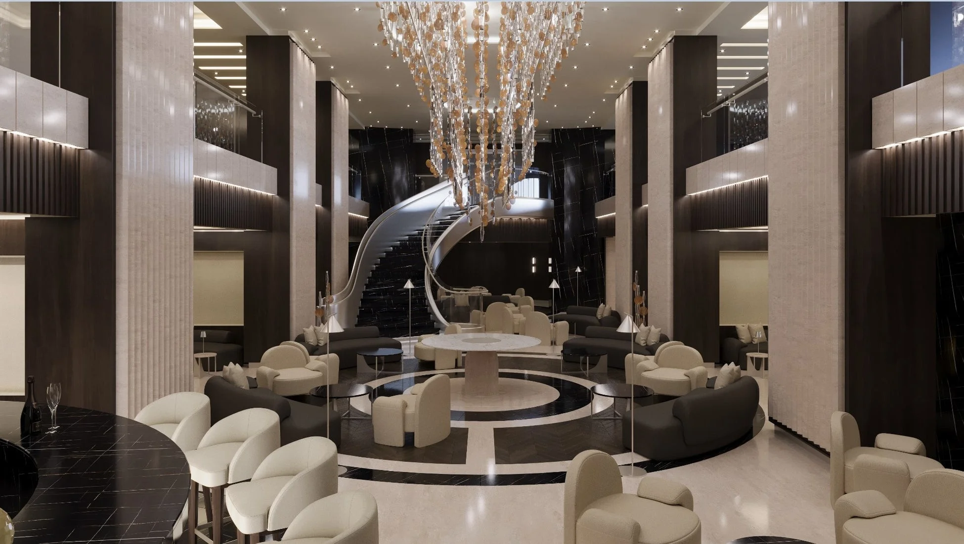 豪華なシャンデリアと螺旋階段が特徴のホテルロビー