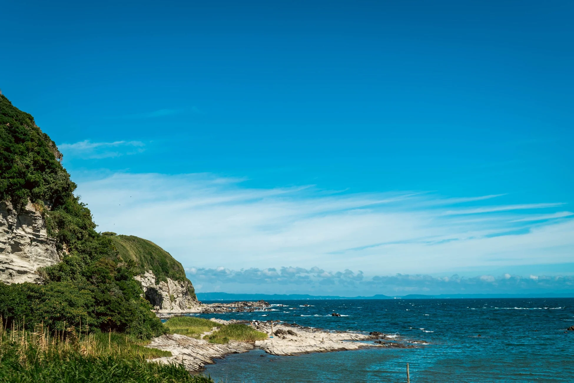 青い空と広がる海、そして緑豊かな崖が特徴的な海岸線の風景