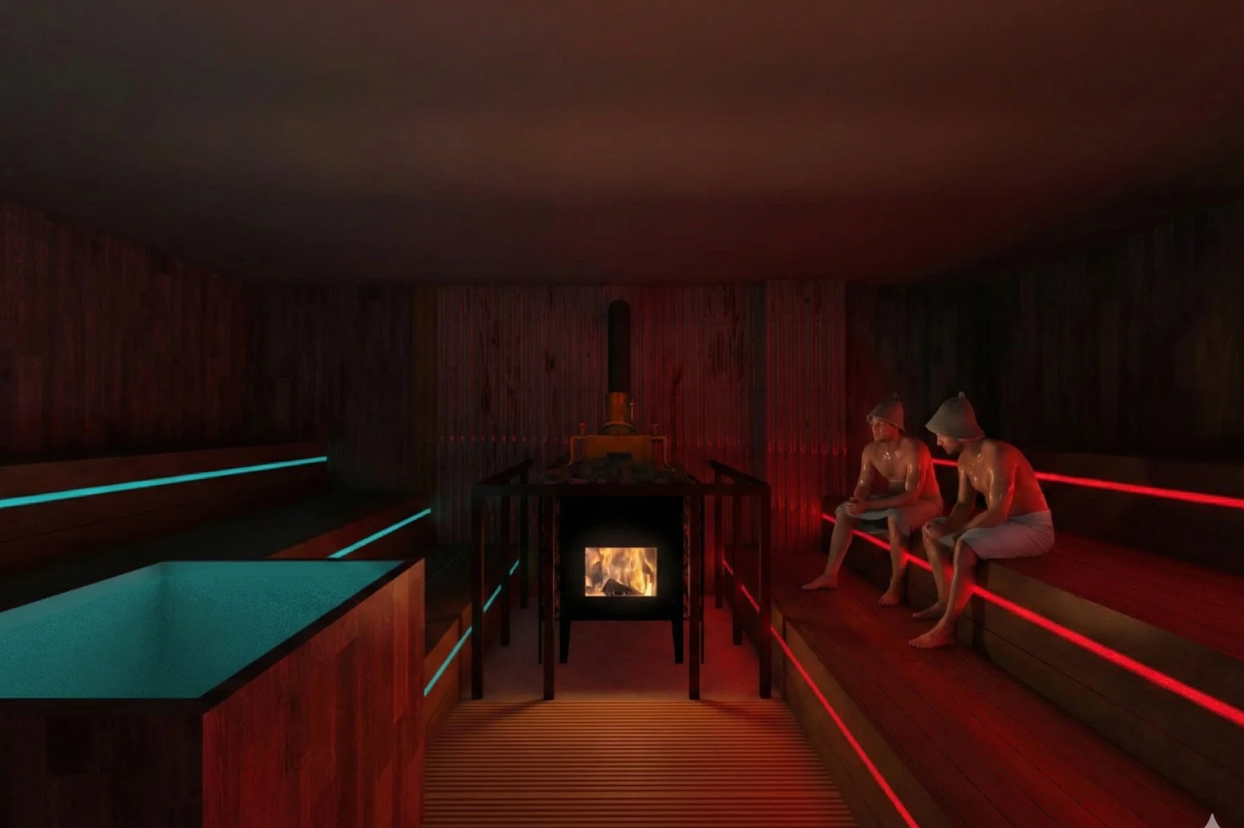 モダンなサウナ室で、2人の男性が薪ストーブの火を眺めながらリラックスしています