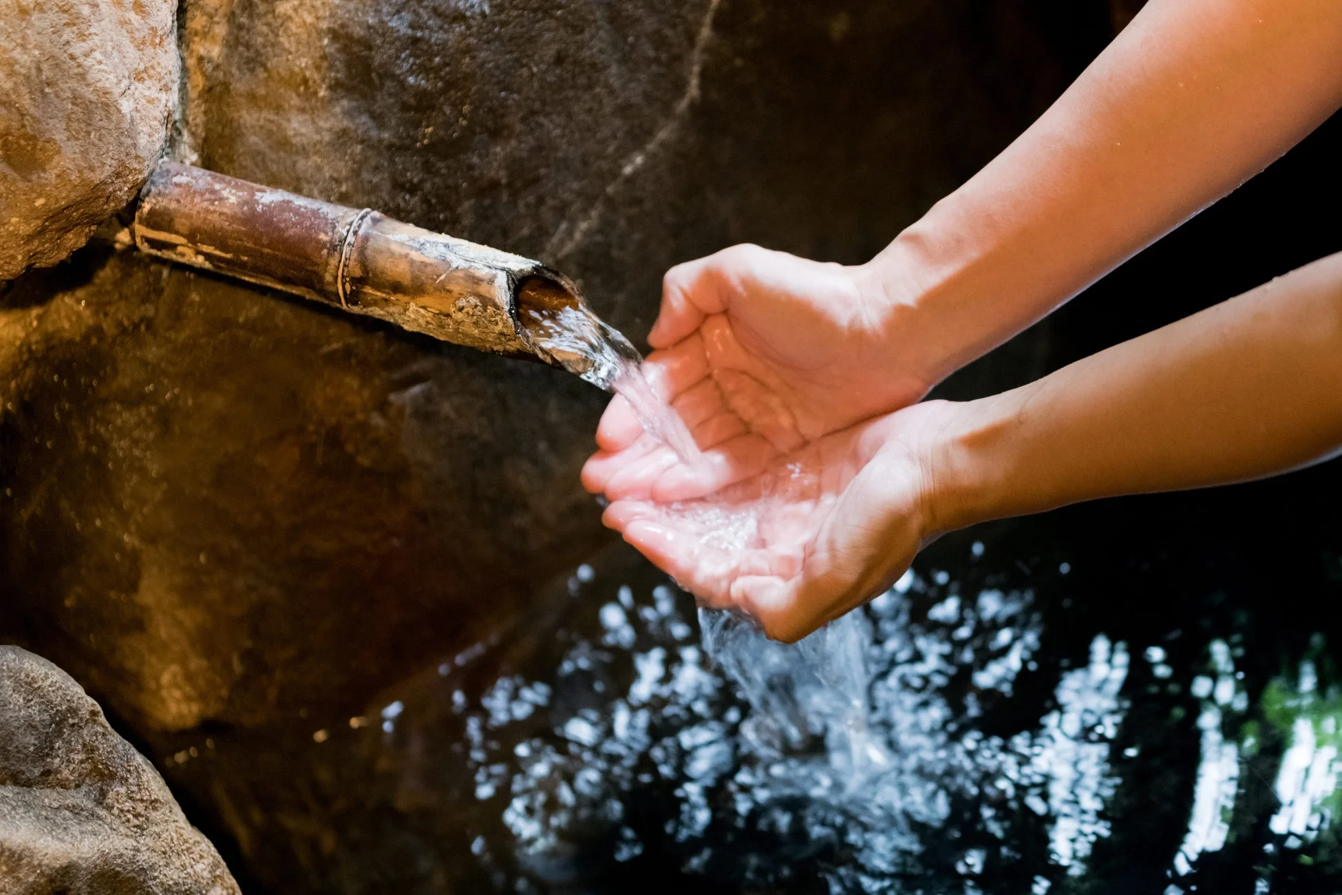 竹の樋から流れ出る清らかな水を、両手で優しく受けている様子