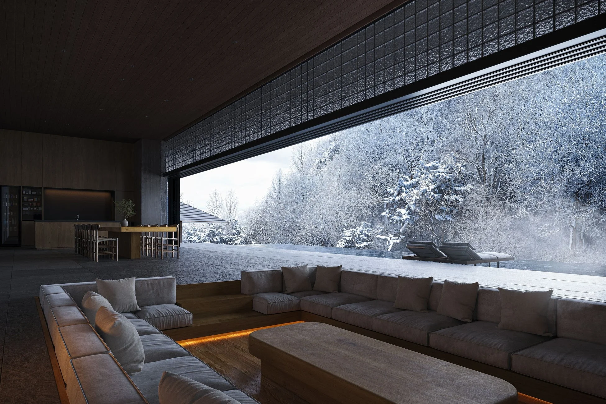 雪に覆われた美しい冬景色を望む、広々としたモダンなリビングルーム。大きな窓から外の雪景色が広がり、インフィニティプールも見える贅沢な空間です。