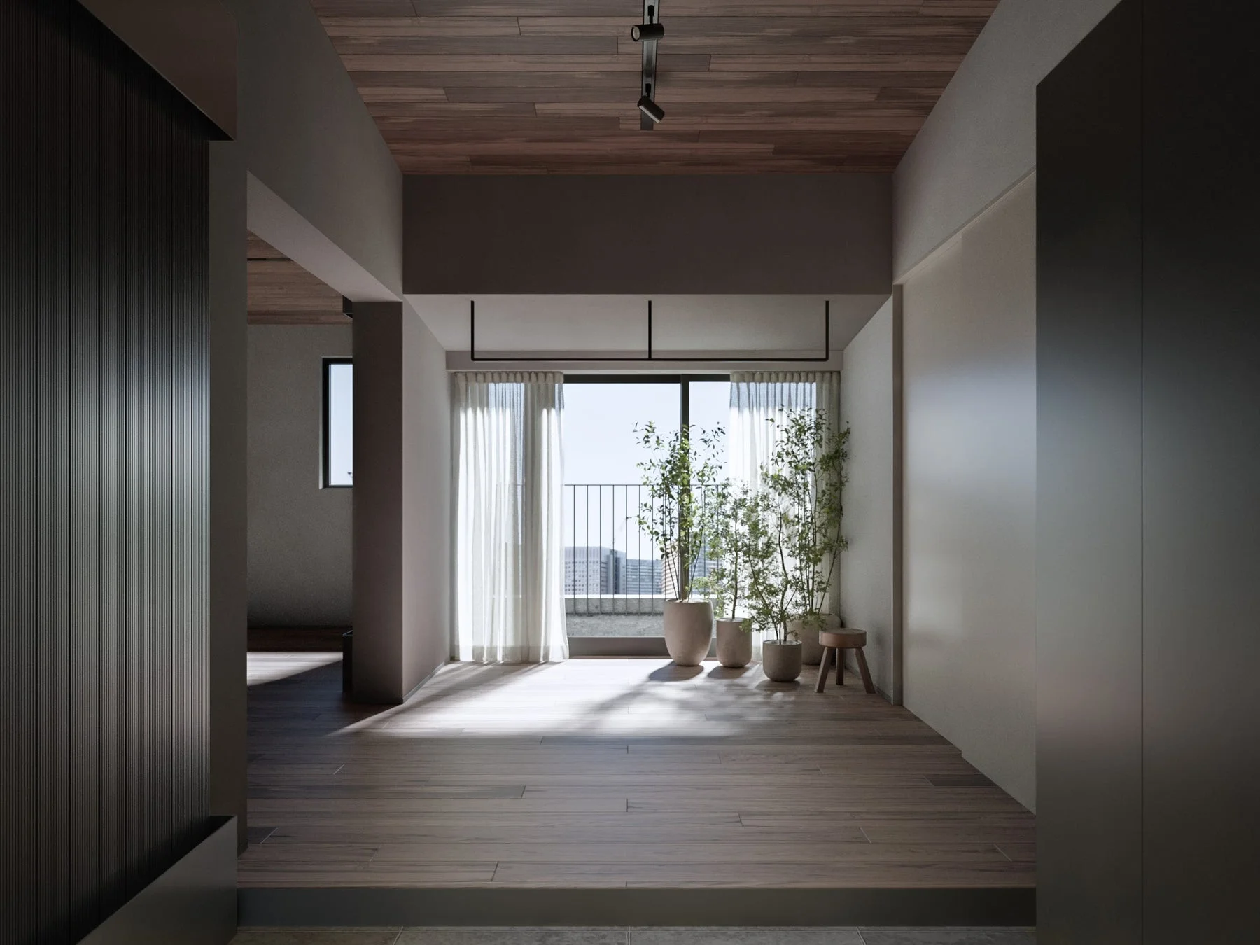 モダンインテリア、木質空間、フローリング、バルコニー、観葉植物、自然光、ミニマリスト、トラック照明、リビング、マンション