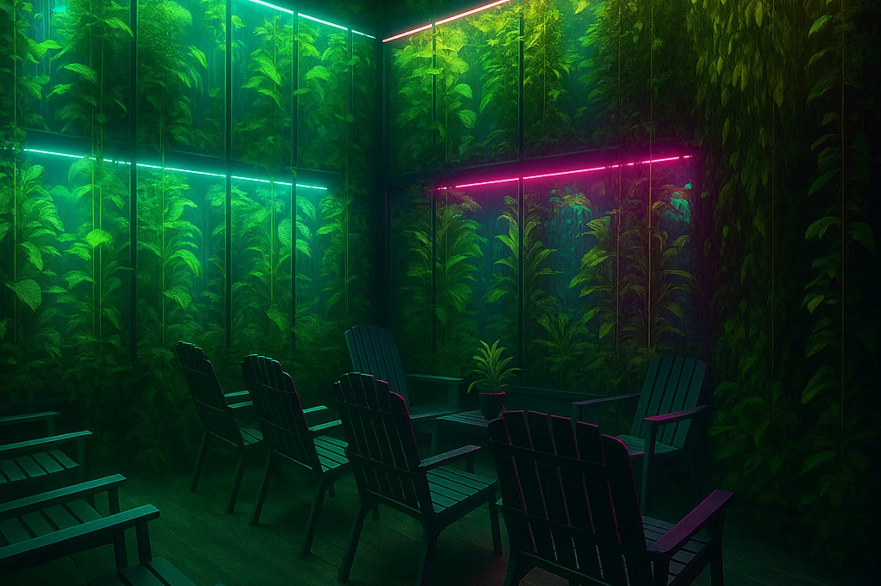 緑豊かな植物に囲まれたモダンな室内空間です