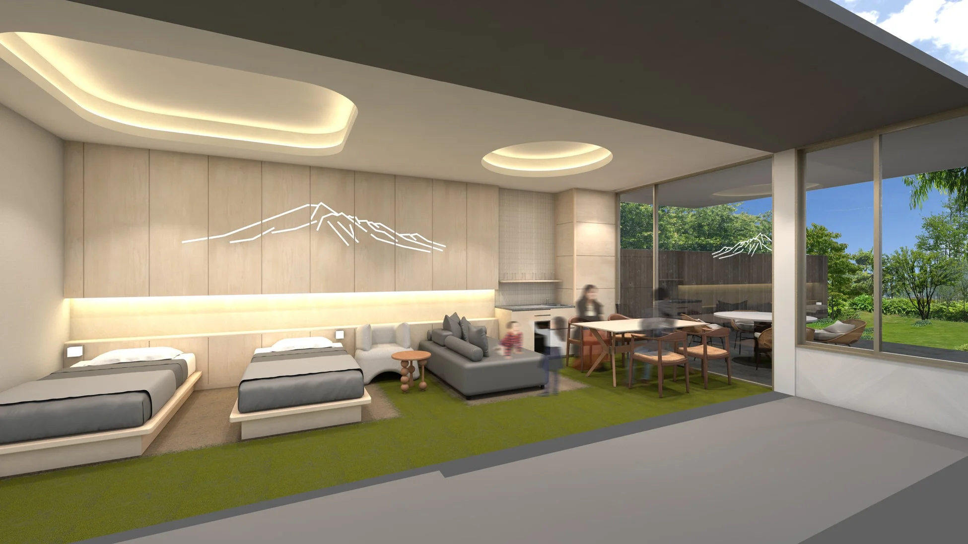 山脈のモチーフが飾られた壁と、緑のカーペットが特徴的なモダンな客室。寝室、リビング、ダイニング、ミニキッチンが一体となった開放的な空間で、大きな窓からは豊かな庭園が望めます。