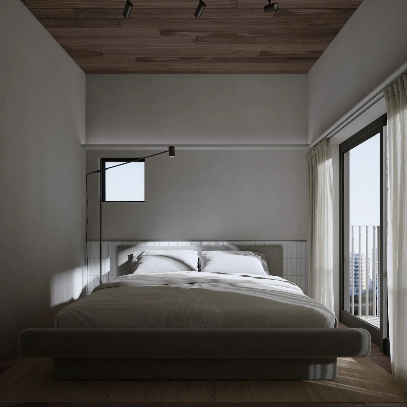 モダンでミニマリストな寝室の様子。木目調の天井とグレーの壁が特徴で、大きな窓からは都市の景色が見えます。白い寝具が整えられ、落ち着いた雰囲気です。