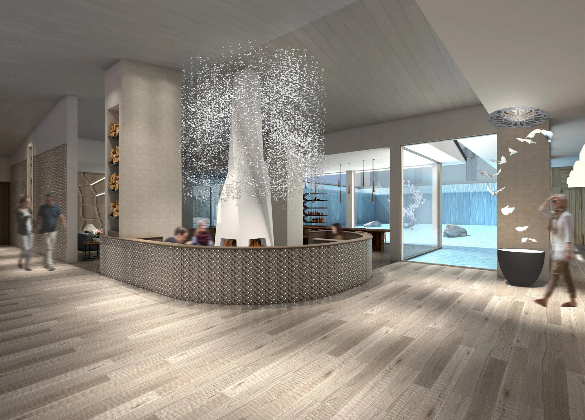 モダンで開放的なホテルのラウンジのレンダリング画像。中央には特徴的な暖炉と光のオブジェがあり、人々がくつろいでいる。大きな窓からは水辺の風景が広がり、自然と調和した高級感のある空間デザインが特徴です。