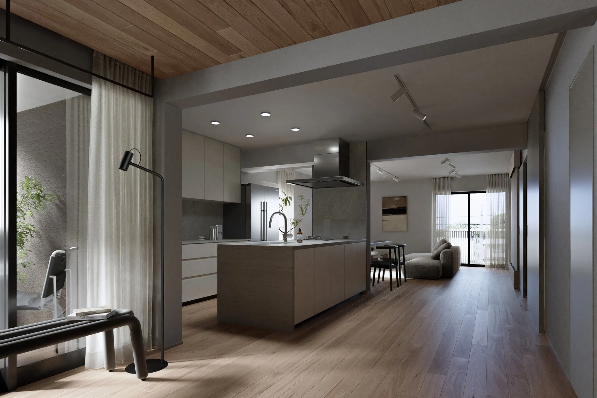 木目の天井とフローリングが温かい、モダンで開放感のあるリビング、キッチン、ダイニング一体型の空間。アイランドキッチンやバルコニーが見える窓が特徴的で、落ち着いた色調で統一された洗練されたインテリアデザインです。